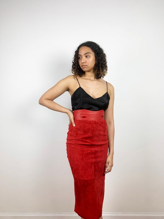 Vintage 80s Suede Skirt / 1980s Vintage Red Leath… - image 7