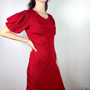 Vintage 30s 40s Red Crepe Dress / 1940s 1930s Vintage Dress / RARE / Fishtail Skirt Puff Sleeves / Pin Up Pinup Rockabilly VLV / Small XS image 6