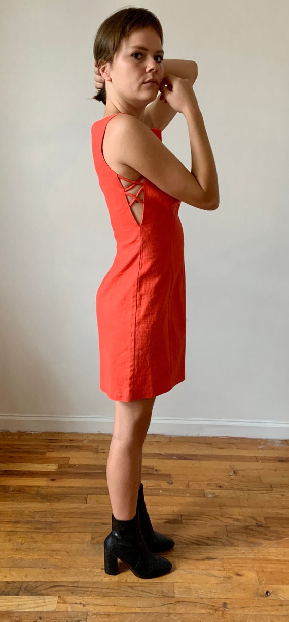 Vintage 80s 90s Salmon Pink Lacing Linen Dress XS