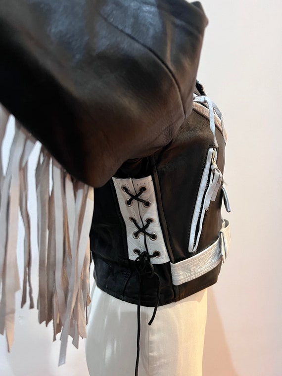 Vintage 1970s 1980s Black White Leather Motorcycl… - image 10