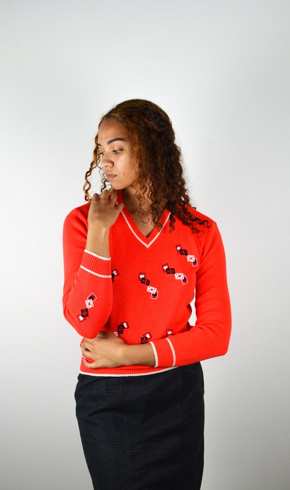 Vintage 60s Sweater/ Red White Playing Cards Sweat