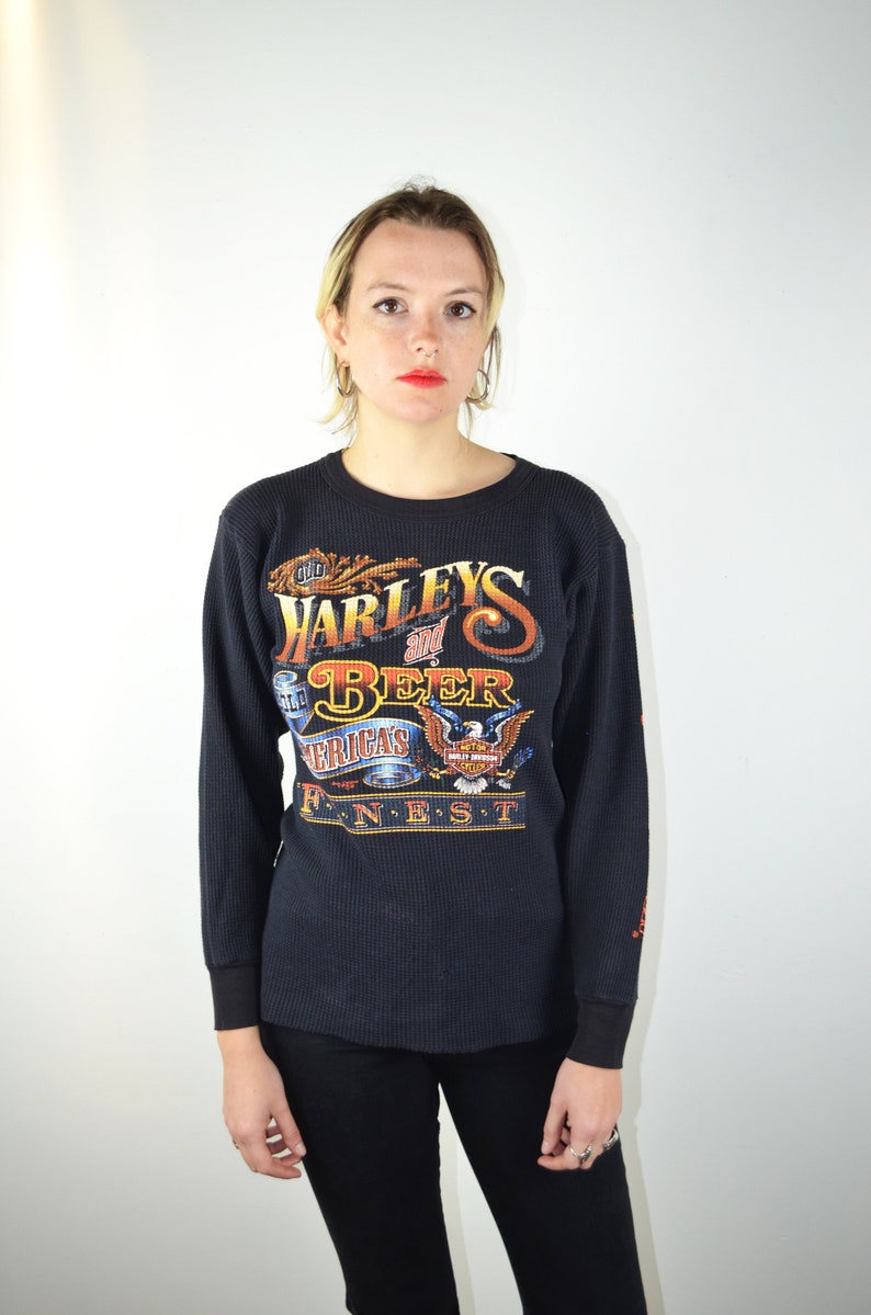 Vintage 90s Harley Davidson Shirt / Long Sleeve Womens Mens / 1980s 1990s Graphic Tee Shirt Waffle Knit Biker Motorcycle Beer Medium Large image 4