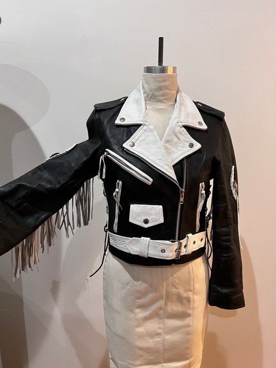Vintage 1970s 1980s Black White Leather Motorcycl… - image 2
