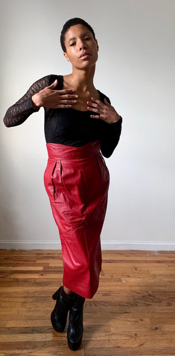 Vintage 80s Red Leather Long Pencil Skirt Yoke Sma