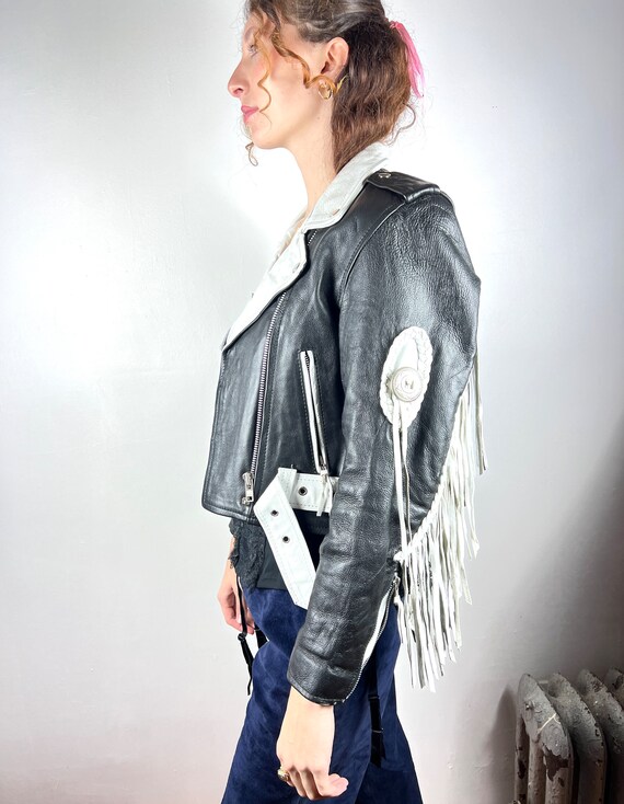 Vintage 1970s 1980s Black White Leather Motorcycl… - image 4