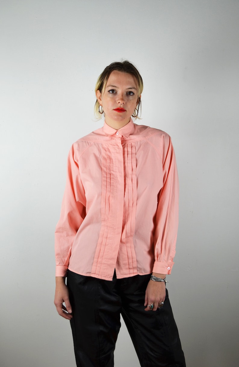 Vintage 80s Button Up Shirt / DETAILS / Peach Pink Blouse Top / 1980s 1990s 90s / Small XS Medium / Pleats Cuffs image 5