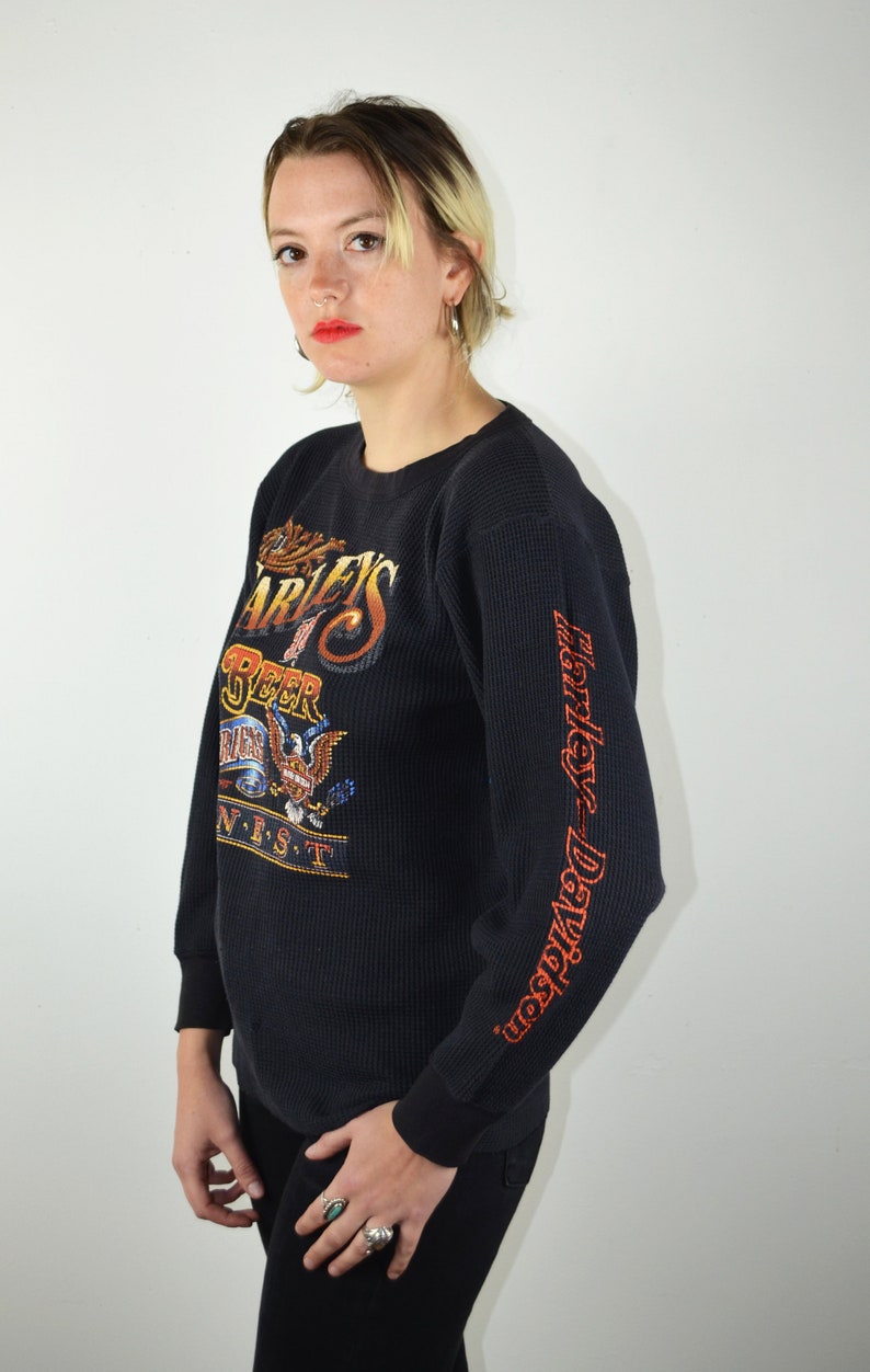 Vintage 90s Harley Davidson Shirt / Long Sleeve Womens Mens / 1980s 1990s Graphic Tee Shirt Waffle Knit Biker Motorcycle Beer Medium Large image 6