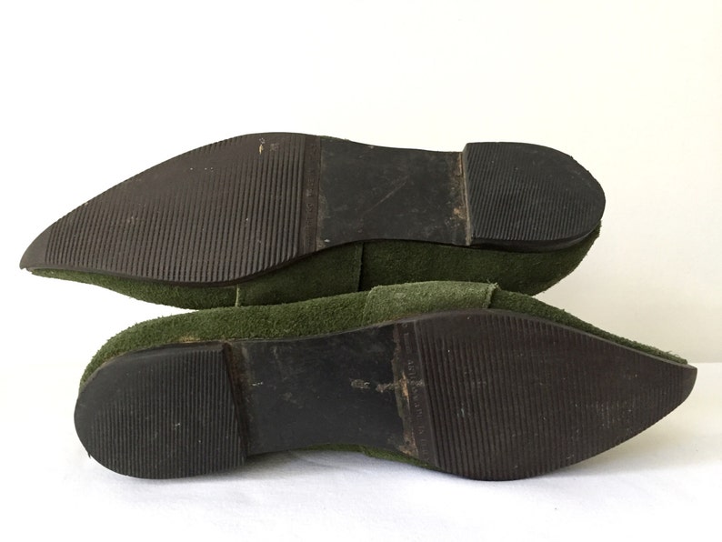 Vintage 80s 1980s John Fluevog RARE Pointy Toe Green Leather Flats Large Silver Buckle Size 8 Punk Cosplay