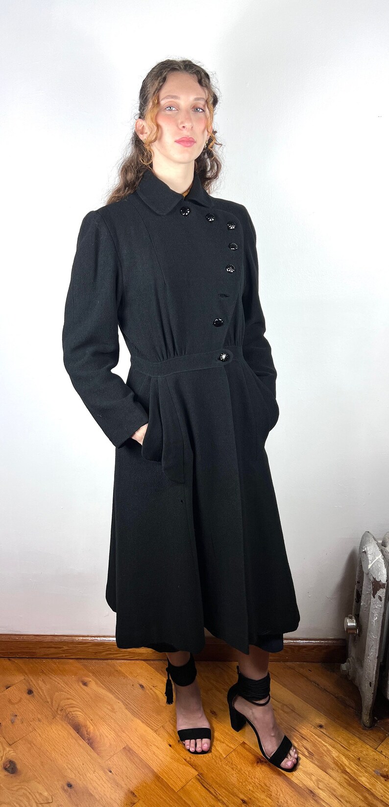 Vintage 1930s 1940s Long Coat Jacket / Vintage Boucle Black Coat Jacket / 40s Wool Suit Jacket / Rockabilly Pin Up Pinup VLV Large Medium image 2