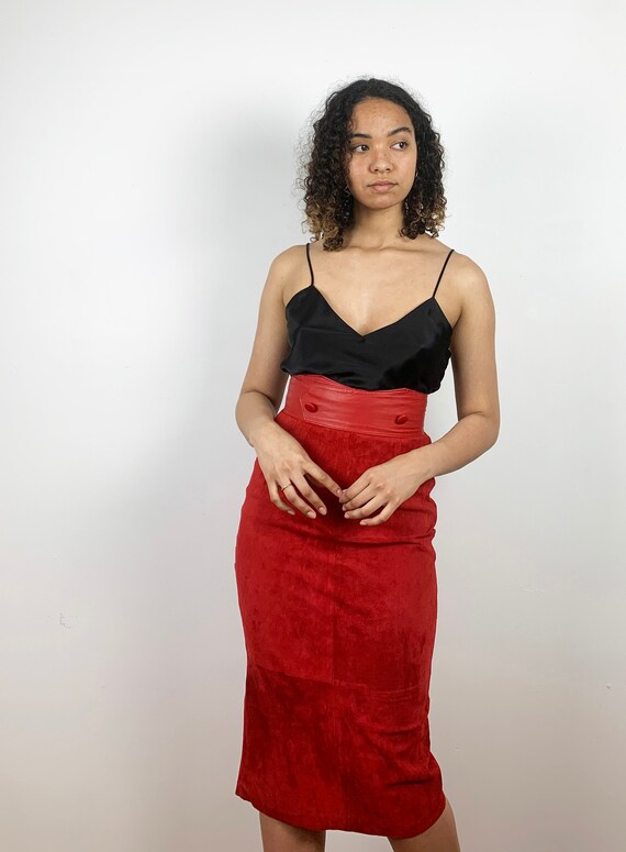 Vintage 80s Suede Skirt / 1980s Vintage Red Leath… - image 9