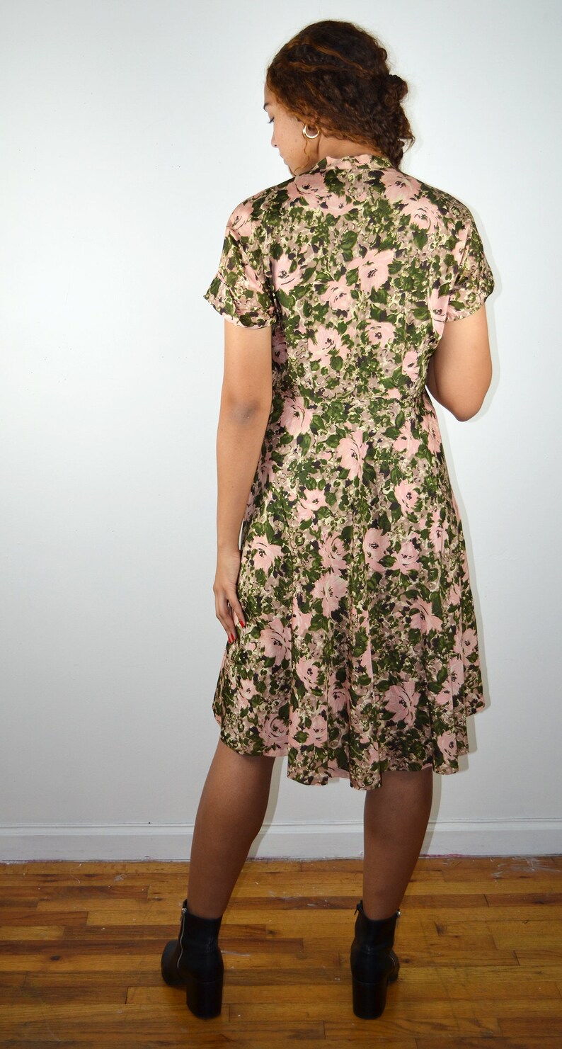 Vintage 50s Dress Floral Silk Dress 1950s Vintage New Look Dress VLV Pin Up Pinup 1950s Cocktail Dress Medium Large Pleated Cuffs