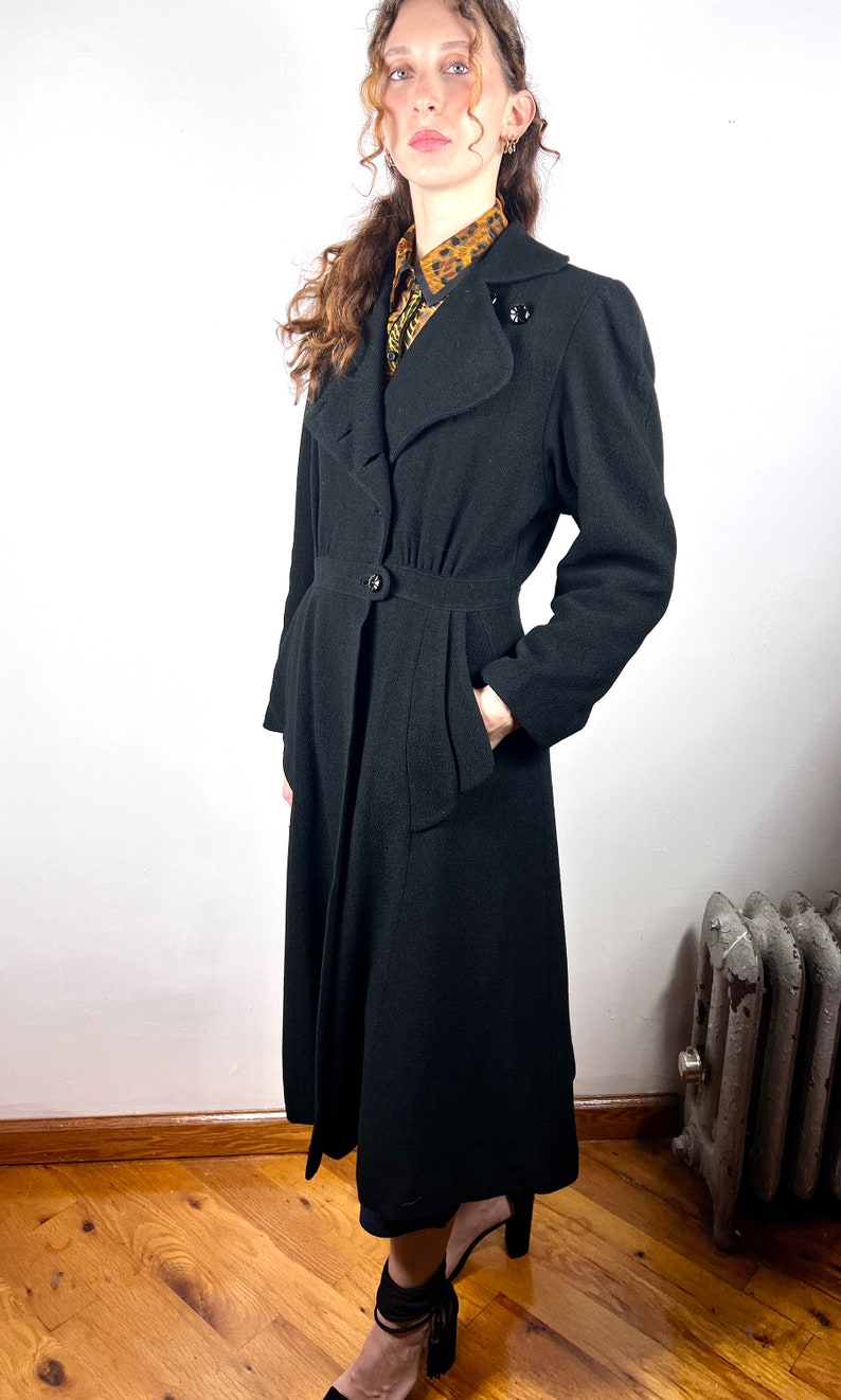 Vintage 1930s 1940s Long Coat Jacket / Vintage Boucle Black Coat Jacket / 40s Wool Suit Jacket / Rockabilly Pin Up Pinup VLV Large Medium image 6