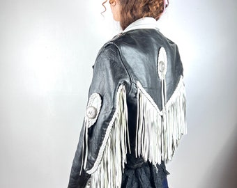 Vintage 1970s 1980s Black White Leather Motorcycle Jacket / Leather Fringe Cropped Mini Jacket / 1970s 1980s / Braided Conchos Punk Rocker