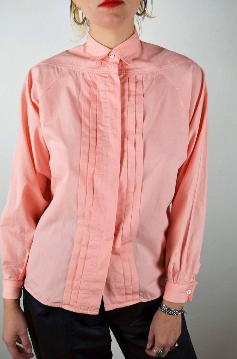 Vintage 80s Button Up Shirt / DETAILS / Peach Pink Blouse Top / 1980s 1990s 90s / Small XS Medium / Pleats Cuffs image 7