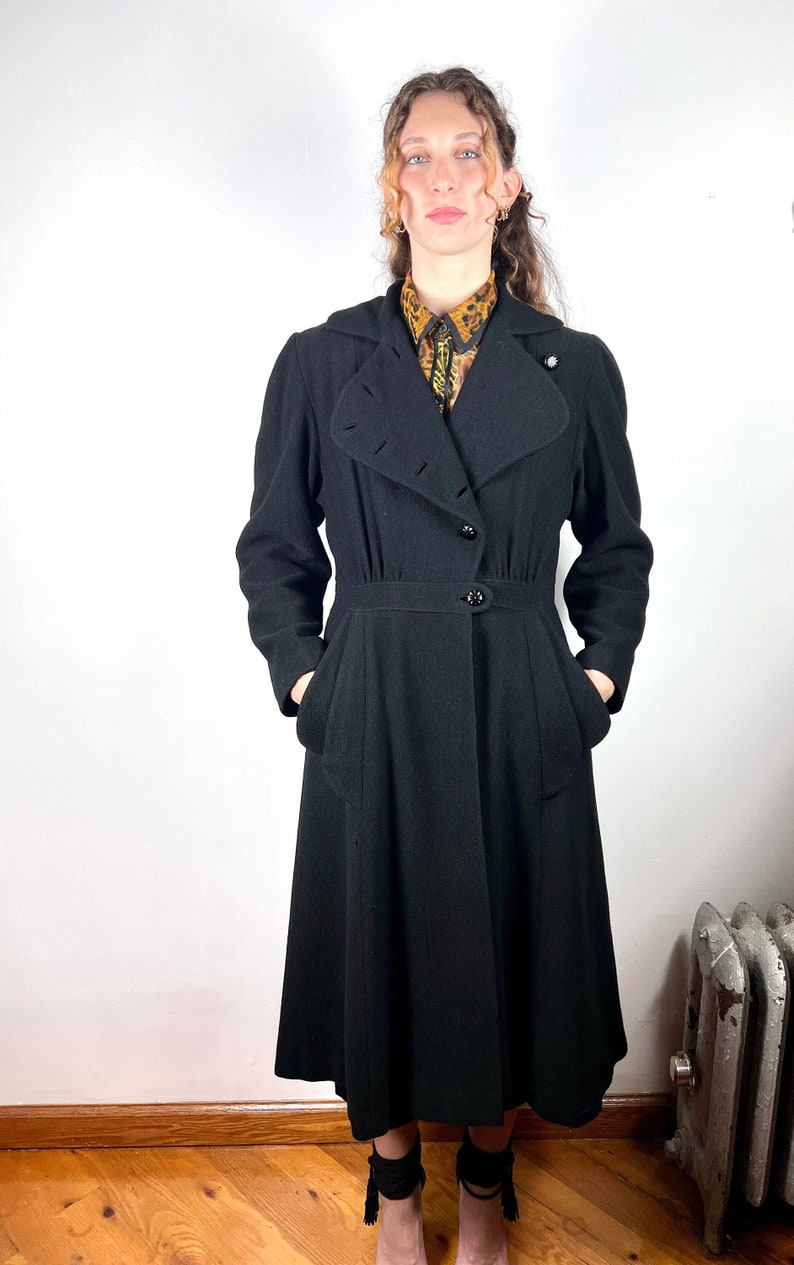 Vintage 1930s 1940s Long Coat Jacket / Vintage Boucle Black Coat Jacket / 40s Wool Suit Jacket / Rockabilly Pin Up Pinup VLV Large Medium image 1