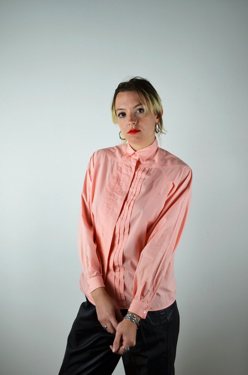 Vintage 80s Button Up Shirt / DETAILS / Peach Pink Blouse Top / 1980s 1990s 90s / Small XS Medium / Pleats Cuffs image 1