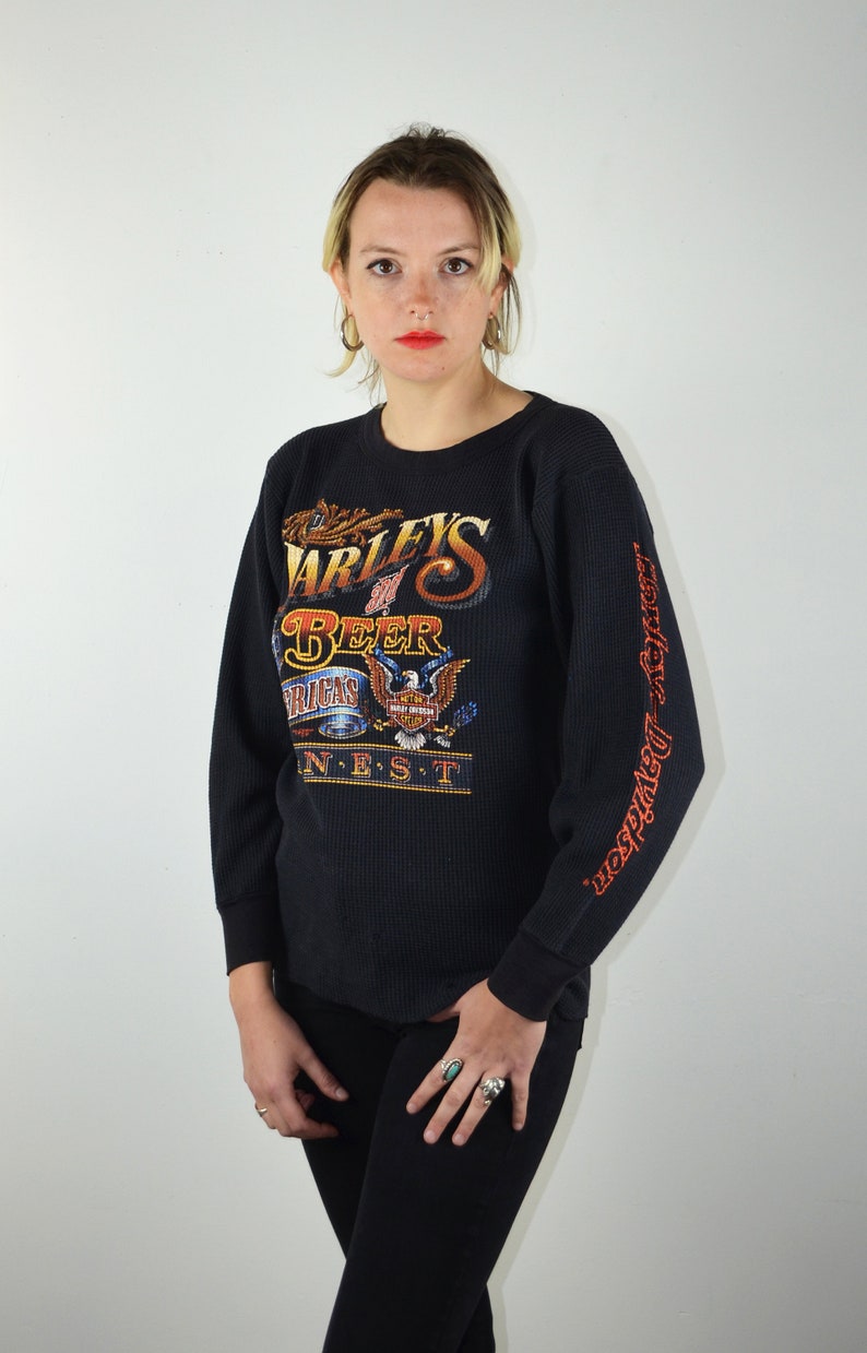 Vintage 90s Harley Davidson Shirt / Long Sleeve Womens Mens / 1980s 1990s Graphic Tee Shirt Waffle Knit Biker Motorcycle Beer Medium Large image 7