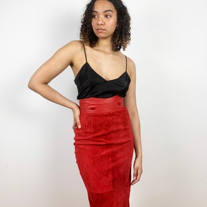 Vintage 80s Suede Skirt / 1980s Vintage Red Leather Skirt / Leather Pencil Skirt / Long 80s Skirt / 1990s 90s / XS Small / Red Leather Skirt image 2