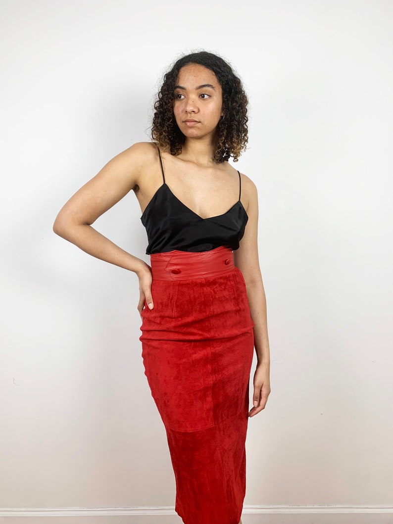 Vintage 80s Suede Skirt / 1980s Vintage Red Leather Skirt / Leather Pencil Skirt / Long 80s Skirt / 1990s 90s / XS Small / Red Leather Skirt image 2