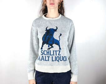 Vintage 70s Vintage Schlitz Beer Sweater /  1970s Vintage Schlitz Malt Liquor Bull Beer Logo Knit Sweater - Size S- RARE!