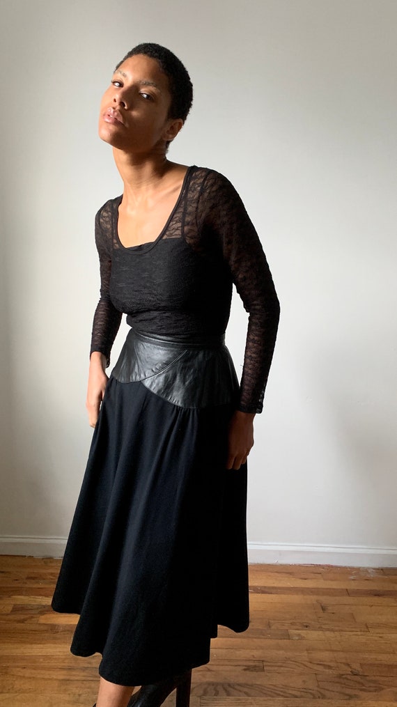 Vintage 80s Black Leather Wool Long Semi Circle Sk
