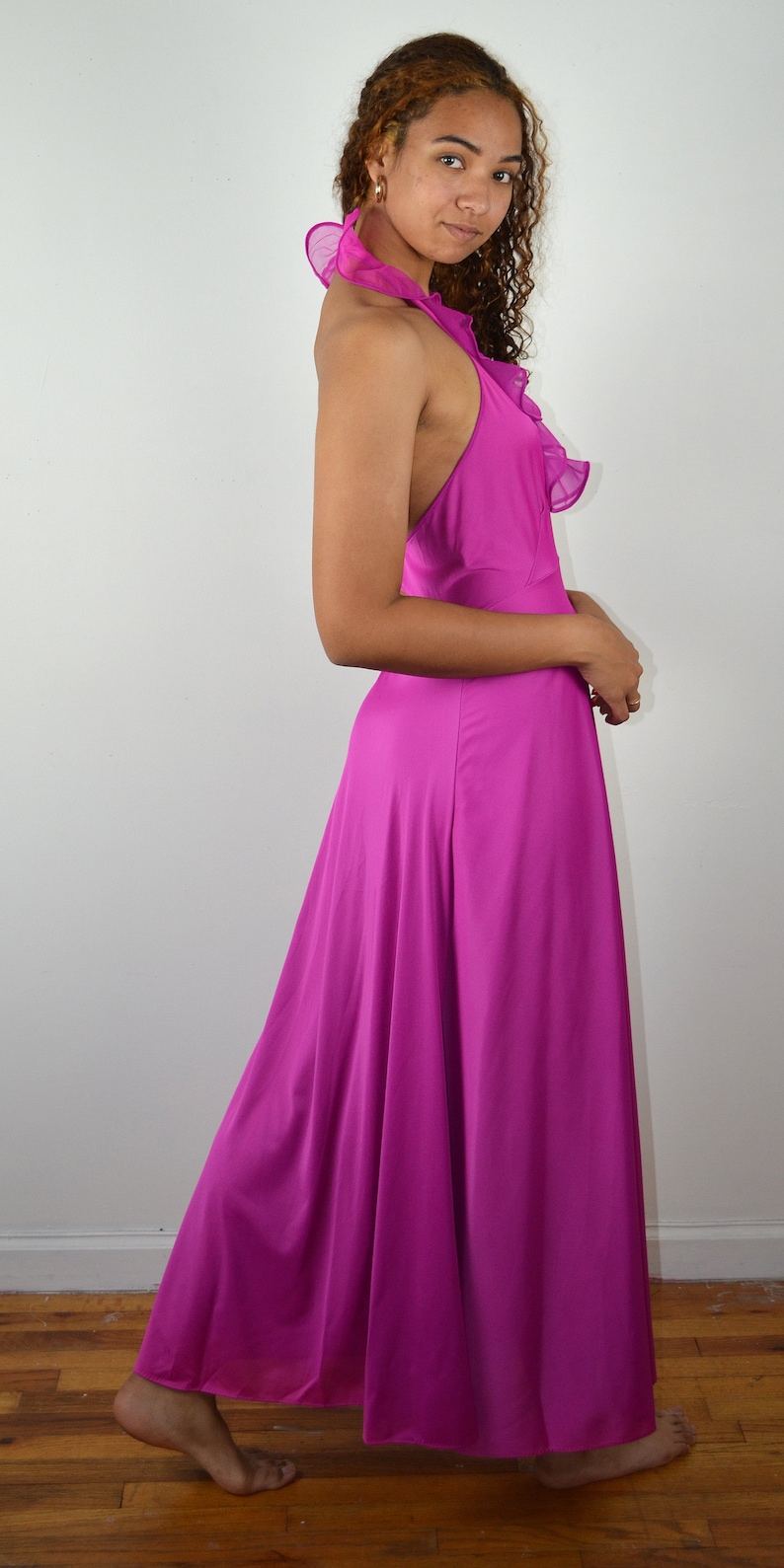 Vintage 60s 70s Halter Slip 1960s Vintage Negligee Lingerie Nightgown Pin Up Pinup Medium 1970s Boudoir Purple Pink Slip
