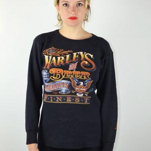 Vintage 90s Harley Davidson Shirt / Long Sleeve Womens Mens / 1980s 1990s Graphic Tee Shirt Waffle Knit Biker Motorcycle Beer Medium Large image 8