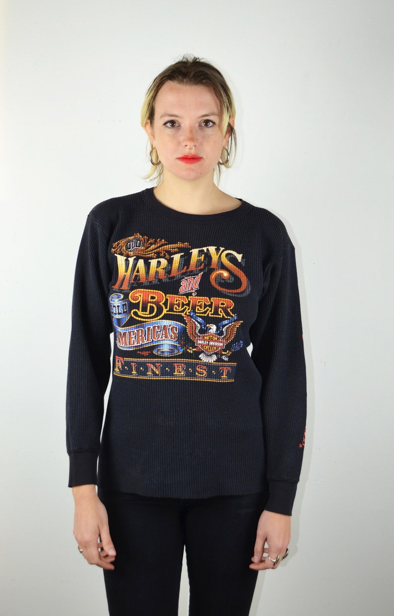 Vintage 90s Harley Davidson Shirt / Long Sleeve Womens Mens / 1980s 1990s Graphic Tee Shirt Waffle Knit Biker Motorcycle Beer Medium Large image 8