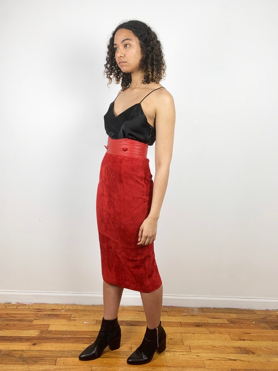 Vintage 80s Suede Skirt / 1980s Vintage Red Leath… - image 3