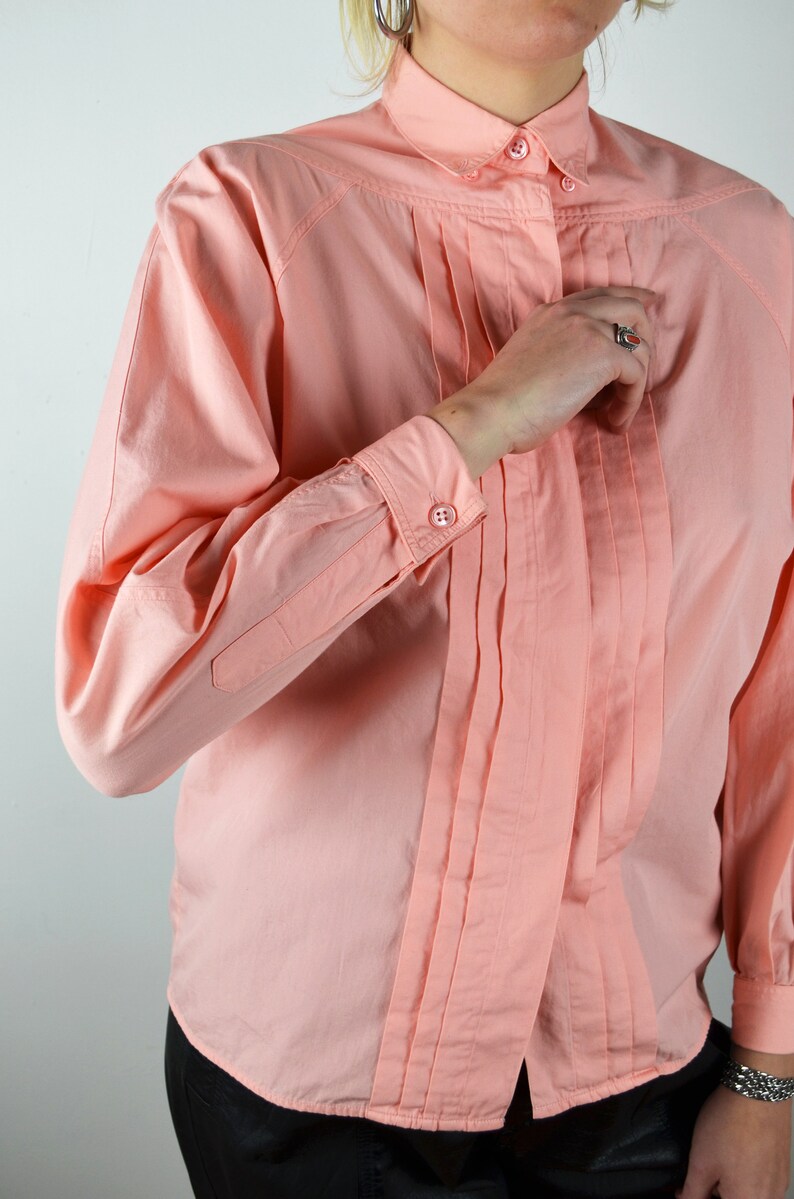 Vintage 80s Button Up Shirt / DETAILS / Peach Pink Blouse Top / 1980s 1990s 90s / Small XS Medium / Pleats Cuffs image 3