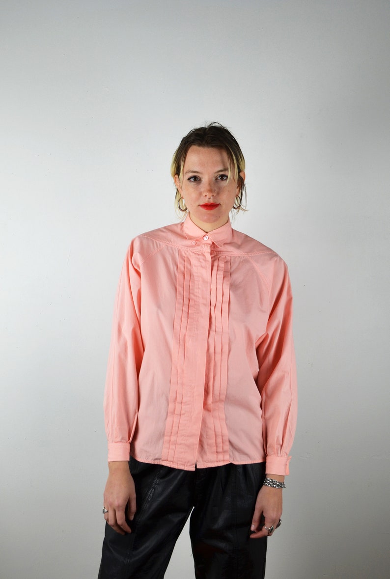 Vintage 80s Button Up Shirt / DETAILS / Peach Pink Blouse Top / 1980s 1990s 90s / Small XS Medium / Pleats Cuffs image 9