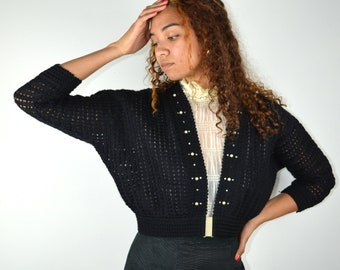 Vintage 50s Cardigan/ Rhinestone Pearl Cardigan / 1950s Black Sweater / Vintage Knit Sweater/ Pearl Buckle / Crochet 1960s 60s Small Medium