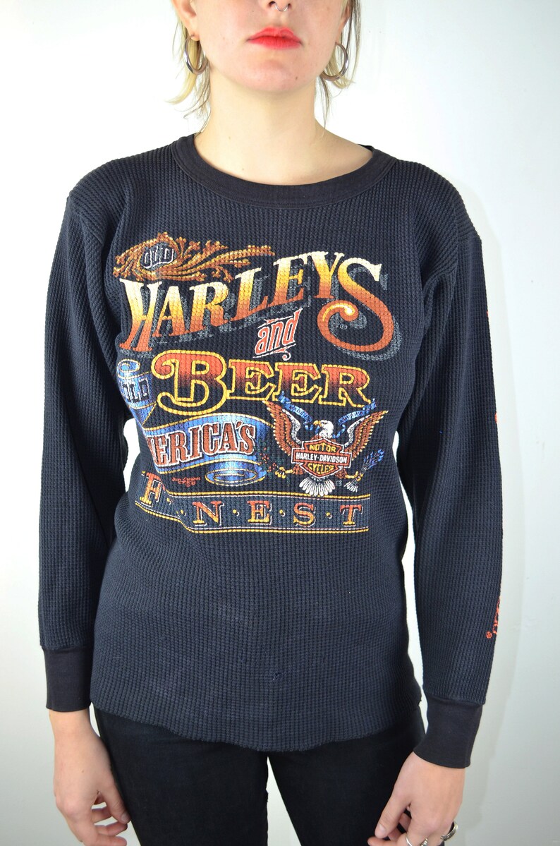 Vintage 90s Harley Davidson Shirt / Long Sleeve Womens Mens / 1980s 1990s Graphic Tee Shirt Waffle Knit Biker Motorcycle Beer Medium Large image 10