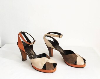 Vintage RARE 40s 1940s Silk Size 8 38 Orange Beige Brown Platforms Peep Toe Ankle Strap Heels Size Pin up Rockabilly VLV Shoes 1950s 50s