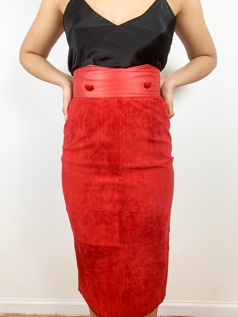 Vintage 80s Suede Skirt / 1980s Vintage Red Leather Skirt / Leather Pencil Skirt / Long 80s Skirt / 1990s 90s / XS Small / Red Leather Skirt image 8
