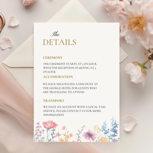 Wildblumen Hochzeit Details Kartenvorlage, bearbeitbarer Download, Blumeneinschlusskarte, botanische Einladung Beilage, Anpassungskarte, 01