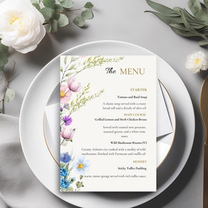 Plantilla de menú de flores silvestres, menú imprimible para fiesta en el jardín, menú de flores boho, menú de recepción, flores modernas boho, DESCARGA INSTANTÁNEA Canva, 01