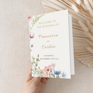 Wildflower Wedding  Program Template, Elegant Printable Program Booklet, Wedding Order of Service, Floral Program Template Canva, 01