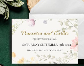 May include: A white save the date card with a floral border. The text reads "Francesca and Carlito are getting married on Saturday September 15th 2025. Please save this date in your diary."