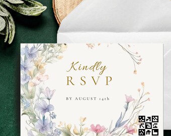 Wildflowers RSVP Card Template, Colourful Wildflower Wedding Response Card,  Spring Floral Invite Insert, Printable Canva Download, 01