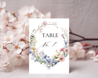 Wildflower Wedding Reception Table Number Card Template, Printable Table Signs, Dinner Table Numbers, Watercolour Floral Invitation, 01