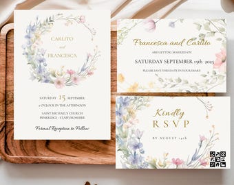 May include: Wedding invitation suite with floral designs. The main card features a watercolor wreath with pink, blue, and yellow flowers. The text reads "Carlito and Francesca are getting married on Saturday September 15th 2025. Please save this date in your diary."