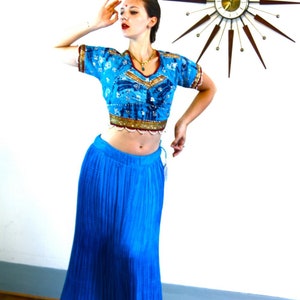 Bright Blue SILK Skirt, Indian Maxi Skirt, Full Boho Skirt, Electric Jewel tone, Ethnic Bohemian, Hippie Belly Dance, Long Ankle length, S M image 1