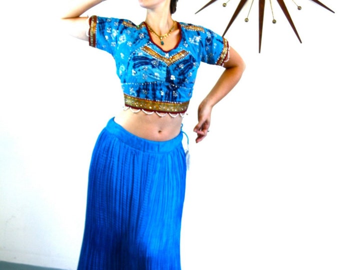 Bright Blue SILK Skirt, Indian Maxi Skirt, Full Boho Skirt, Electric Jewel tone, Ethnic Bohemian, Hippie Belly Dance, Long Ankle length, S M