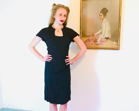 1940s Art Deco dress, Vintage 40s dress, 40s swing dance dress, 40s peplum dress, Little Black Dress, 40s cold rayon dress