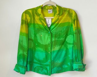 Vtg jaren '60 VERA Neumann Pure Zijde Groene Abstracte Blouse 3/4 Mouw Franse Manchet Button Down Shirt jaren '60 Boxy Zijden Blouse Bijgesneden Groene Gedrukte Top