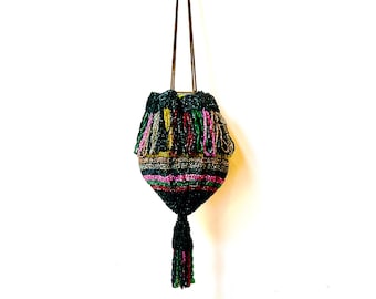 Antique Rainbow Micro Beaded Evening Bag, Beaded Drawstring Tassel Pouch Purse, Multicolor Beaded Rhinestone Handbag, Unique Beaded Purse