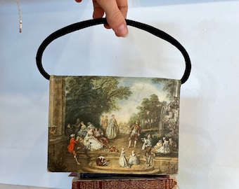 Vintage 50s Tano of Madrid Handbag, 1950s Baroque Photo on Silk Satin top handle bag, Rococo people art scene photograph top handle purse