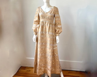 Authentic 1968 Designer Malcolm Starr by Elinor Simmons Vintage Metallic Gold & Silver Lamé Long Puff Sleeve 1960s Maxi Evening Hostess Gown