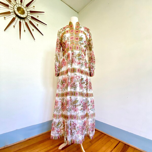 Vintage 1960s Chiffon Maxi dress, 60s sheer organza floral cocktail dress, Long sleeve high collar paisley flocked fancy hostess dress. L